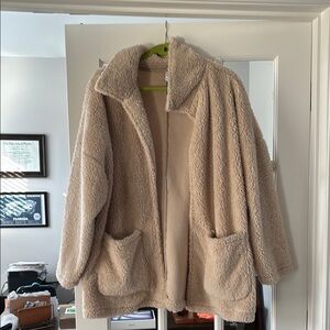 Tan Teddy Jacket with Oversized Fit and Fuzzy Texture